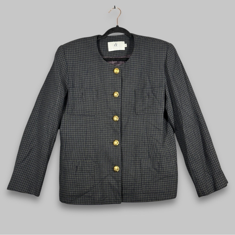 Vintage Devonshire Cream Gold Buttons Wool Houndstooth Boxy Blazer Size 14